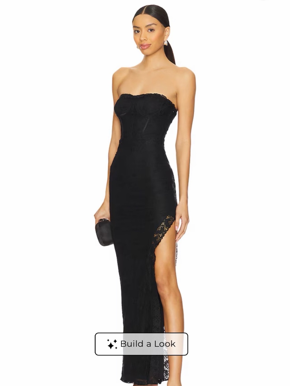 superdown Strapless Black Lace Side-Slit Gown
